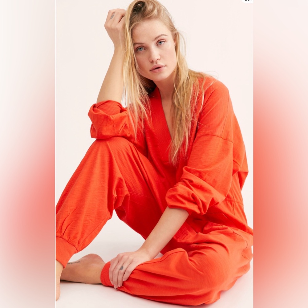 Free People Orange V-Neck Long Sleeve Jumpsuit